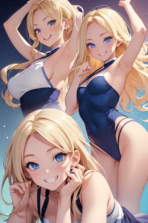 Realistic、1house wife、blonde hair、Blue eyes、(eye focus:1.3,face focus),(Gradient eyes:1.3),(sexly　panties
)、open mouth,(grin:1.3),forehead,cute face、finger to mouth,((Big Ass)),((Raise your arms, Expose your armpits))