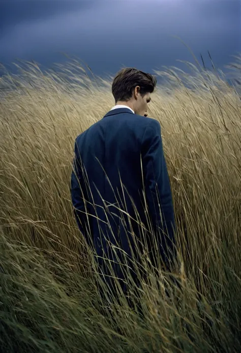 a man stands with his head down in some tall grass, in the style of fashion photography, scottish landscapes, light bronze and dark blue, deconstructed tailoring, genderless, close-up shots, brooding mood --ar 132:161 --s 750 --v 5.2