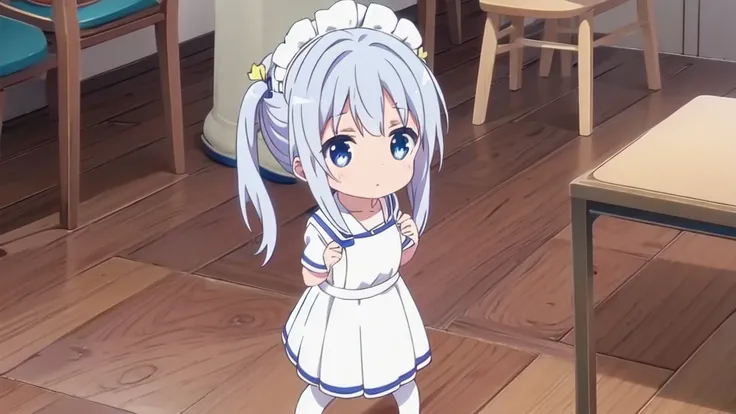 ute anime girl cute beautiful great quality excellent quality of detail in white maid dress with blue white stockings short skirt blue eyes blue white hair in the room  nekomimi kawai girl