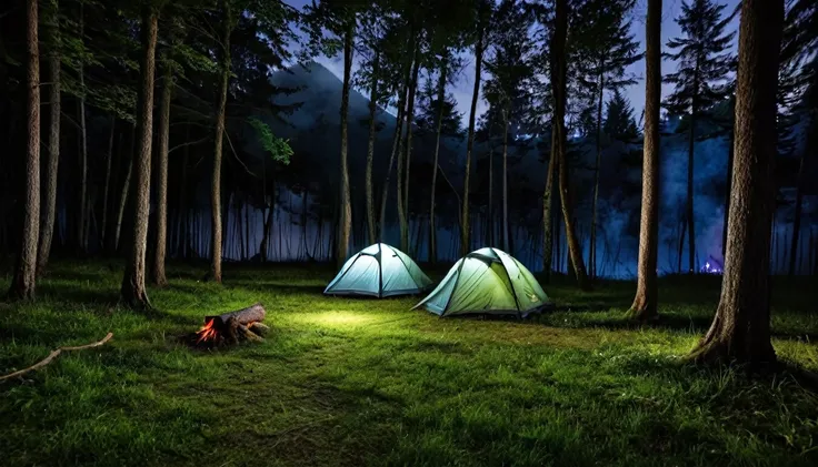 scary forest, dark night, two lonely camping tents on the grass between trees, bonfire, tense atmosphere