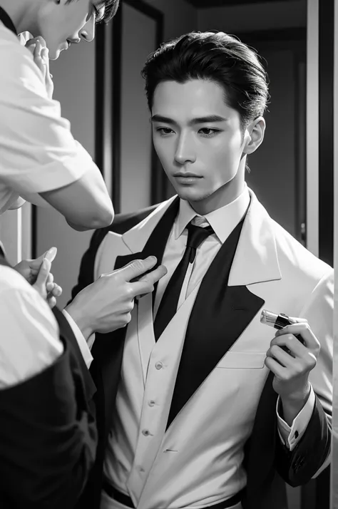 An elegant man putting on perfume 