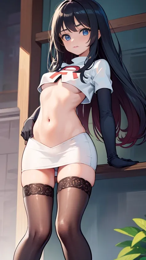 pokemon Camila, pokemon Camila, Brown eyes, black fur, by the wide (small breasts:1.2),
Team Rocket,Team Rocket uniform, red letter R, White skirt,White crop top,black thigh high stockings,black elbow length gloves BREAK looking at viewer,
BREAK (masterpie...