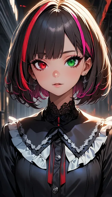 (highest quality:1.2, Very detailed, up to date, Vibrant, Ultra-high resolution, High Contrast, masterpiece:1.2, highest quality, Best aesthetics), Portraiture、girl、solo, (25-years-old:1), slim, , heterrochromia, green eye, red eye, ((gothic lolita:1.3)), ...