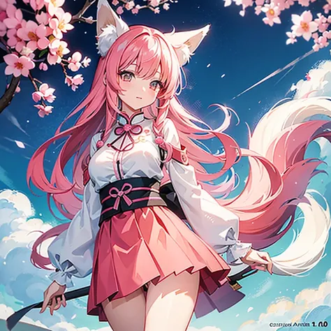 Nine snow-white fox tails (1.0), Milky white fox tail (1.0), Nine-tailed fox close-up, Nine tails, Nine tails, anime girl，pink hair，Pink skirt，flowers on hair, very Beautiful anime fox girl, Beautiful anime fox girl, Beautiful fantasy anime, Guvez, 狐狸耳朵ani...