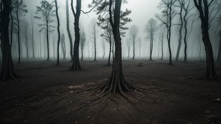 Create an image of a forest with twisted, leafless trees. The trees are black and gnarled, creating an eerie, haunting atmosphere. The landscape is dark and devoid of light, desolate and barren. The ground is infertile, covered in a layer of dark, lifeless...