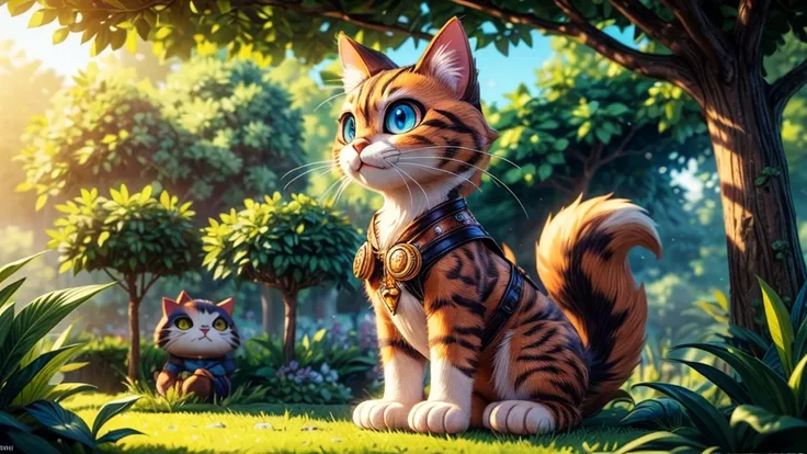 a giant cat, highly detailed, photorealistic, 8k, realistic fur texture, beautiful eyes, perfectly rendered whiskers, detailed paws, sitting in a lush garden, sunlight filtering through the leaves, vibrant colors, cinematic lighting, award winning digital ...