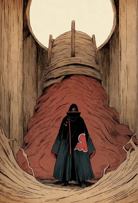 masashi kishimoto&#39;s comic art, robot surrounded by wood and metal textures, wearing an akatsuki cloak with scarves covering ...