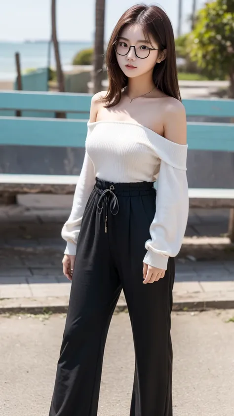 Student girl 17-year-old Hairstyle Casual, wearing off shoulder  collarbone  and casual long pants girl with Square glasses with black edges at beach park 