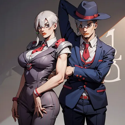 two people. a woman and a man. woman in gray suit and red tie. man in pinstripe suit and white hat. pose of a couple. jojo pose