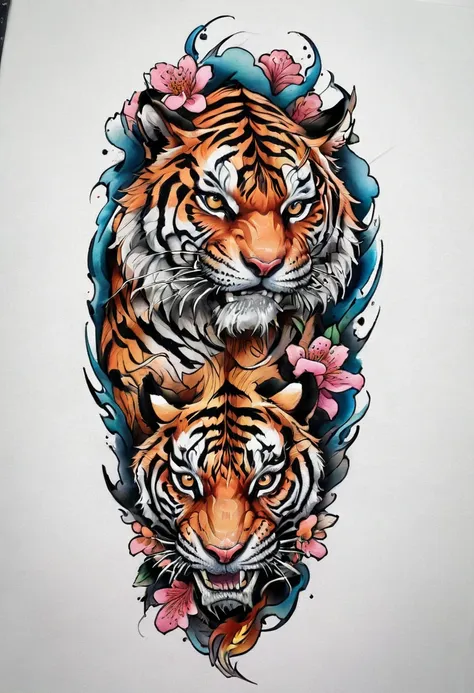 ((a solo tiger)), with a flower tattoo designs on its chest, tom wennerstrand, color illustration for tattoo, ((solo tiger)), hi...