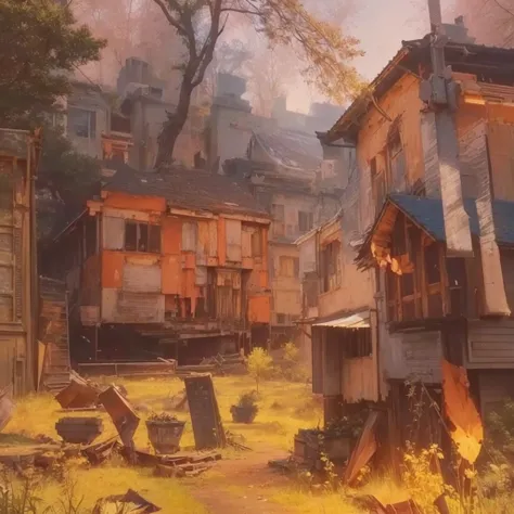 There&#39;s a fire in the garden、There is a painting with a train in the background., Traditional Japanese concept art, Japanese Village, Japanese Street, Anime scenery concept art, Xin Haicheng, Painterly concept art, Apex Legends concept art, Highly real...