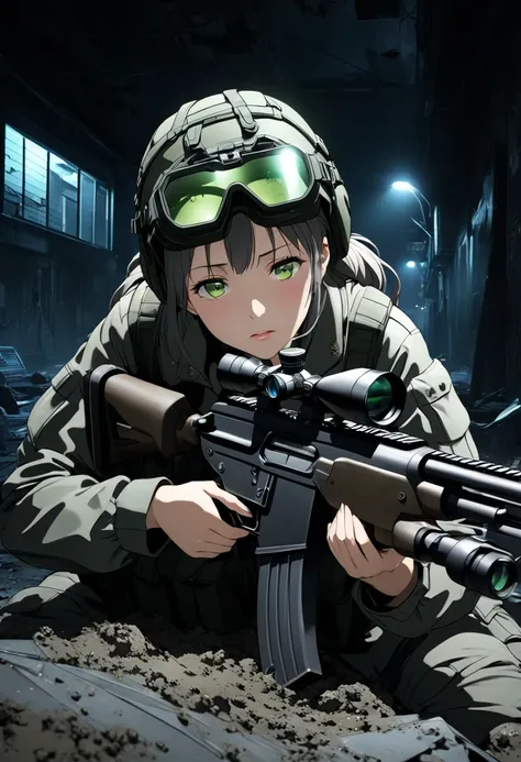 Ultra-high resolution 3D CG art,A modern soldier girl is sniping at night,Girls are modern snipers,Her hair is short and chestnut.On his head he wears an urban camouflage helmet,Urban camouflage is a mixture of black and grey. the kind worn by modern soldi...