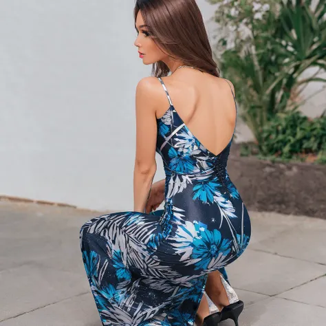  woman squatting on her knees  in a maxi dress, bodycon dress, rear view angle