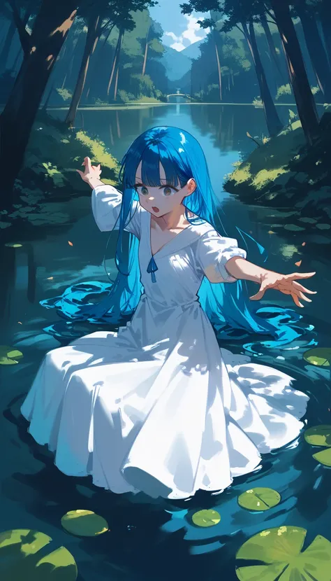 the goddess of the pond, blue hair, long hair that reaches down to her waist, scene of rising from the pond, floating on the big...