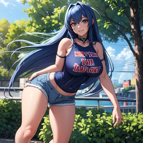 A woman wearing a navy blue American football shirt, number 20 on the shirt, denim shorts, big breasts, blue eyes, long hair, navy blue hair, smiling, perfect face, perfect eyes, standing on a sidewalk in a park, city in the very back, a place with trees, ...