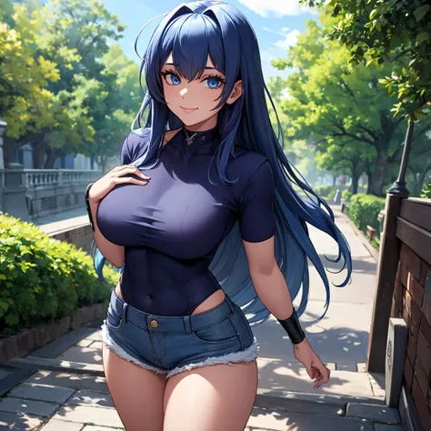 a woman wearing a navy blue american football shirt, number 20 on the shirt, denim shorts, big breasts, blue eyes, long hair, na...