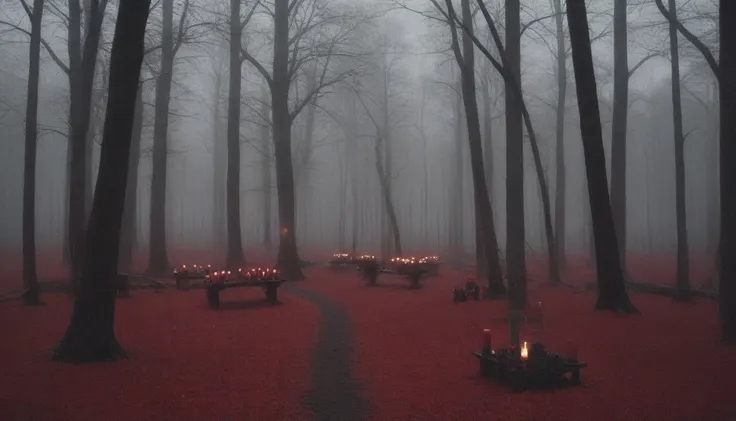 dense forest of gloomy red trees with scattered black flowers, candles gently lighting, gloomy weather, horor, ultra detali, hig...