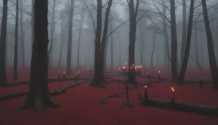 dense forest of gloomy red trees with scattered black flowers, candles gently lighting, gloomy weather, horor, ultra detali, hig...