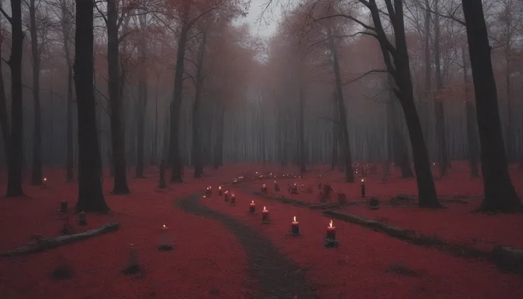 dense forest of gloomy red trees with scattered black flowers, candles gently lighting, gloomy weather, horor, ultra detali, hig...