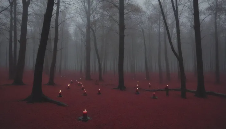 dense forest of gloomy red trees with scattered black flowers, candles gently lighting, gloomy weather, horor, ultra detali, hig...