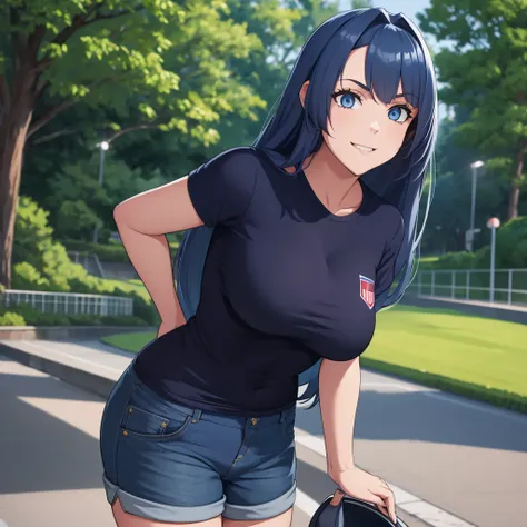 a woman wearing a navy blue american football shirt, number 20 on the shirt, denim shorts, big breasts, blue eyes, long hair, na...