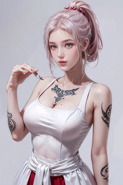 (Chest puffing pose),(Random Hairstyles),(Best image quality,(8k),Ultra-realistic,最high quality, high quality, High resolution, high quality,Attention to detail, White-pink hair, blue eyes, Red dress,(((Tight waist))), ((Large Breasts)),(See through),(((He...