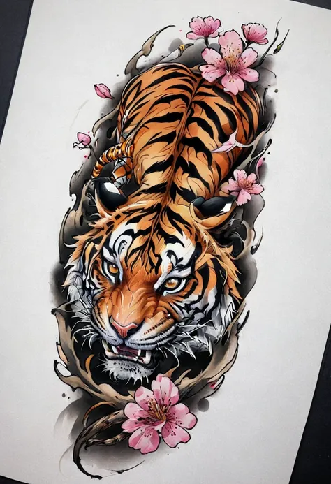 (((solo Tiger))), with a sakura flower Tattoo designs, Tom Wennerstrand, Color illustration for tattoo, (((solo Tiger))), Highly detailed and colorful, Full-color painting, Tattoo designs, Inspired by Kameda Disaster Prevention, Inspired by Kyosai Kawanabe...