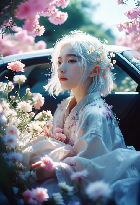 breathtaking ethereal fantasy concept art of cinematic film still,chinese girl,a girl with white hair sitting in car filled with flowers,art by Rinko Kawauchi,in the style of naturalistic poses,vacation dadcore,youth fulenergy,a cool expression,body extens...