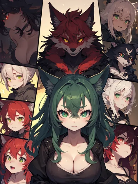 collage style，dark、Depression，Full of weird elements,Red wolf furry, Green pupils，black sclera
