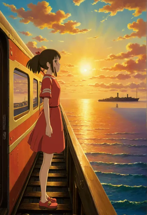 ghibli　on the sea　it&#39;s coming　a train running on the horizon of the sunset　girl looking at