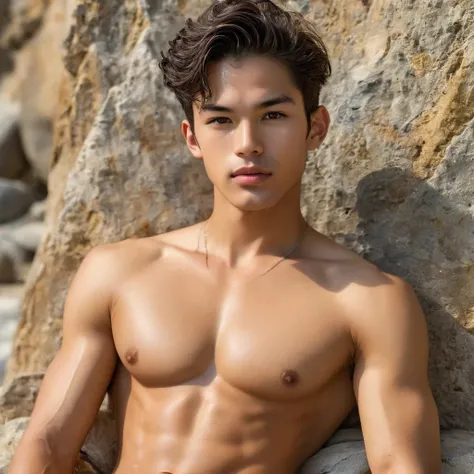 realistic photography, 19 year old young skinny mixed latino and japanese male supermodel, invisible abs, wearing only very smal...