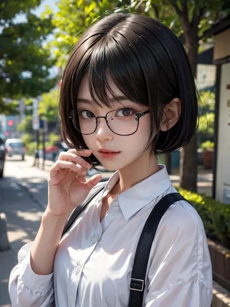 looking into the camera,26 years old、1 japanese female,(wear rimless glasses)(black short bob hair)(thin hair)(she&#39;s wearing...