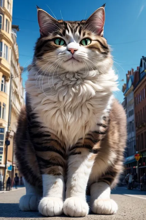 Giant Cat, Fluffy cat,Cute Cat, Bast masterpiece,Highest quality,8k,High resolution, Fantastic,cute,amazing, Please draw a giant cat in a city. 