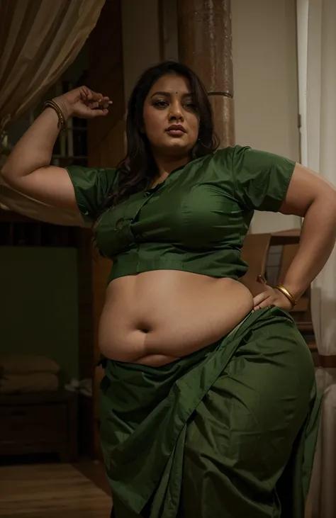 A indian plus size sexy aunty wearing dark green blouse and dark green skirt , she has big wide belly and fat legs