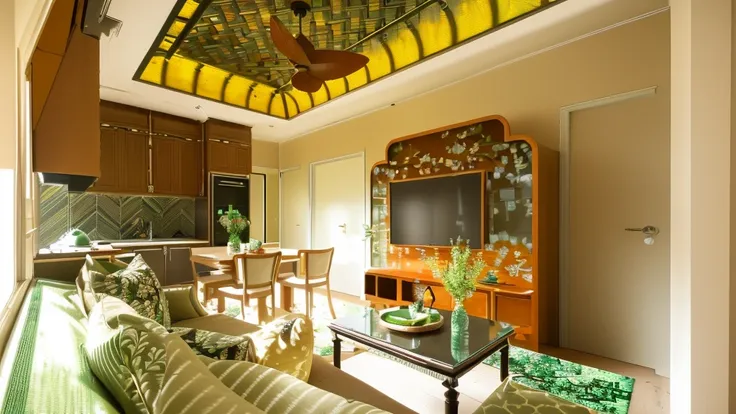 indochine style, living room and kitchen, day light