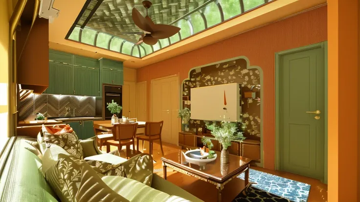 indochine style, living room and kitchen, day light