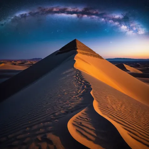 foreground a vast desert with beautiful dunes which have different sizes, some larger than others, these look like fine, soft sa...