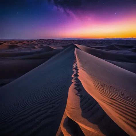 foreground a vast desert with beautiful dunes which have different sizes, some larger than others, these look like fine, soft sa...