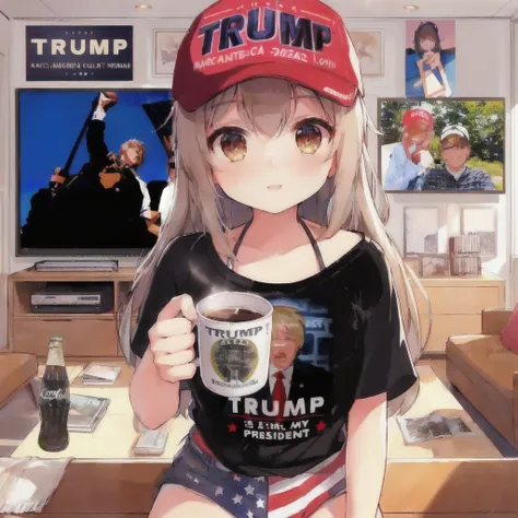 トランプシャツを着てコーヒーカップを持っているanimeの女の子, Open Mouth Smile,Trump hat,LCD TV,poster on wall,Cola bottle on table,trending on Pixiv, wife, everyone, future!!, trending on artstation Pixiv, Pixiv trending, popular on Pixiv, Official artwork, president, By Yuumei, 80年...