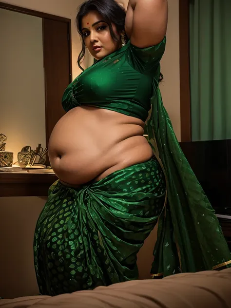 A indian plus size sexy aunty wearing dark green blouse and red green saree , she has big wide belly and fat legs