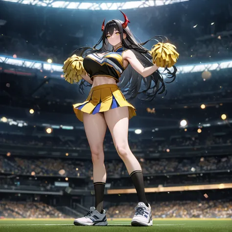 A woman wearing a cheerleader uniform, black shirt with gold details, sleeveless shirt, big breasts, yellow skirt, long black socks, sports shoes, red horns, yellow eyes, black hair, long hair, standing in the stands of a football stadium, night place.(sol...