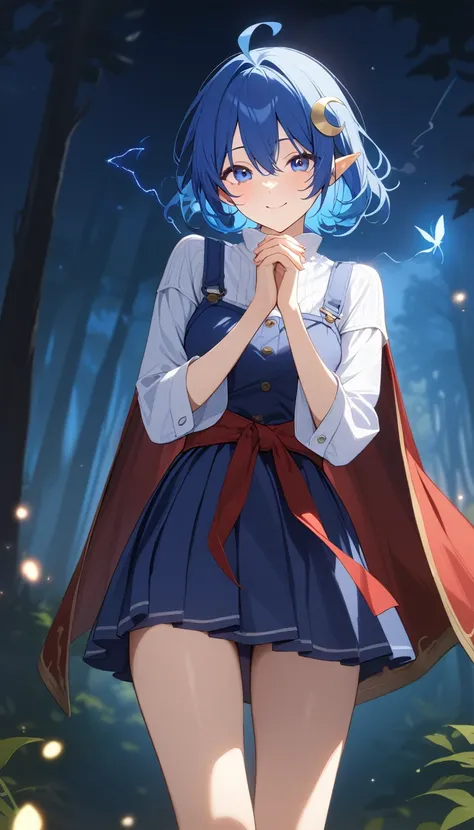 1girl, RENA LANFORD, 1GIRL, AHOGE, BLUE HAIR, SHORT HAIR, BLUE EYES, POINTY EARS
CRESCENT HAIR ORNAMENT, RED CAPE, BLUE VEST, LEATHER ARMOR, RED RIBBON, WAIST RIBBON, BLUE SKIRT, MINISKIRT, SHOES, BREAK kawaii, smile, cowboy shot, own hands clasped, forest...