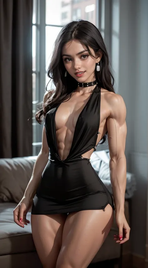 (Muscular:2), (thick thighs:2.1),
(latina female:1.5), (pale skin, black hair:1.4), (big smile:1.6), long hair,
(stud earrings, lipstick, eyeshadow:1.2),
(flat chest:2), (hard nipples),
choker, (black l0wcutdress:2), 
looking at viewer, (three quarter view...