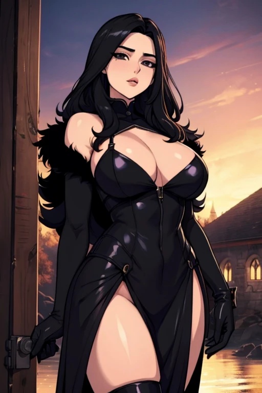 The woman, by the wide, long hair, black fur, black hair, fringe, pale, Pale skin, ((black eyes, black eyes)), scantily clad, black clothes, black clothes, Waders, hig boots, gloves, gloves, Cathedral, evening, fantasy