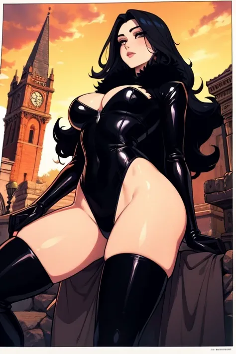 The woman, by the wide, long hair, black fur, black hair, fringe, pale, Pale skin, ((black eyes, black eyes)), scantily clad, black clothes, black clothes, Waders, hig boots, gloves, gloves, Cathedral, evening, fantasy