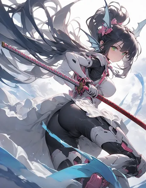 ,snap shot,red katana,fighting stance,(holding huge katana:1.3),samurai armor,,,{{{Huge breasts}}},,,,,,long skirt, brooches,Blue brooch,,(dark Blue hair:1.25),gradient_hair,( Green eyes:1.25),hair_ornament detached ,,Very Long Ponytail, poneyTail,, (head ...