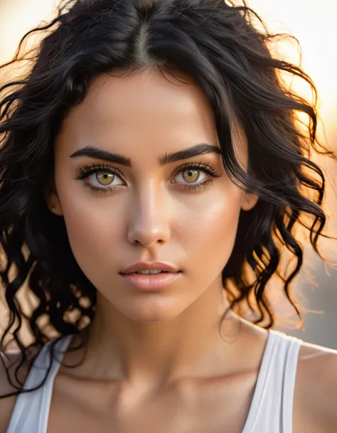 (masterpiece), best quality, expressive eyes, perfect face, head close up portrait with highly detailed eyes, detailed features, photographic 35mm shot, goddess & gorgeous, candid, golden hour, cinematic lightning, extreme realism , realistic, black wavy h...