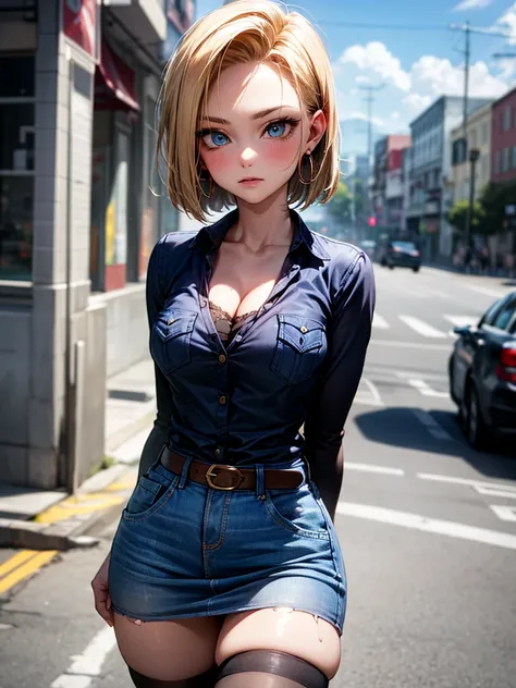 android 18, android 18, blonde hair, blue eyes, eyelash, hoop earrings, short hair, earrings, break belt, black legwear, black shirt, breast pocket, cleavage, clavicle, denim, denim skirt, high-waist skirt, jewelry, long sleeve, pocket, shirt, shirt tucked...