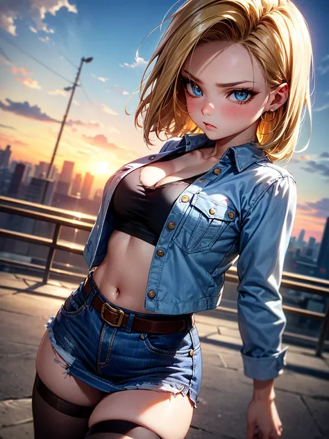 android 18, android 18, blonde hair, blue eyes, eyelash, hoop earrings, short hair, earrings, break belt, black legwear, black shirt, breast pocket, cleavage, clavicle, denim, denim skirt, high-waist skirt, jewelry, long sleeve, pocket, shirt, shirt tucked...