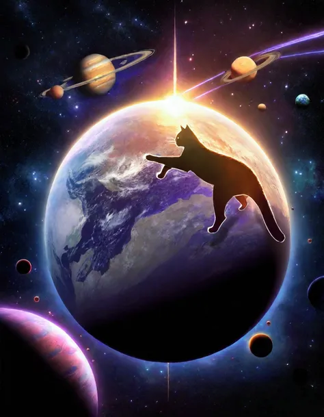 A gigantic cat,huge cat,massive cat,cat batting the earth,cat chasing the earth,the earth floating in space,the solar system,planets,stars,cosmic background,dramatic lighting,cinematic angle,photorealistic,highly detailed,8k,masterpiece,digital art,concept...